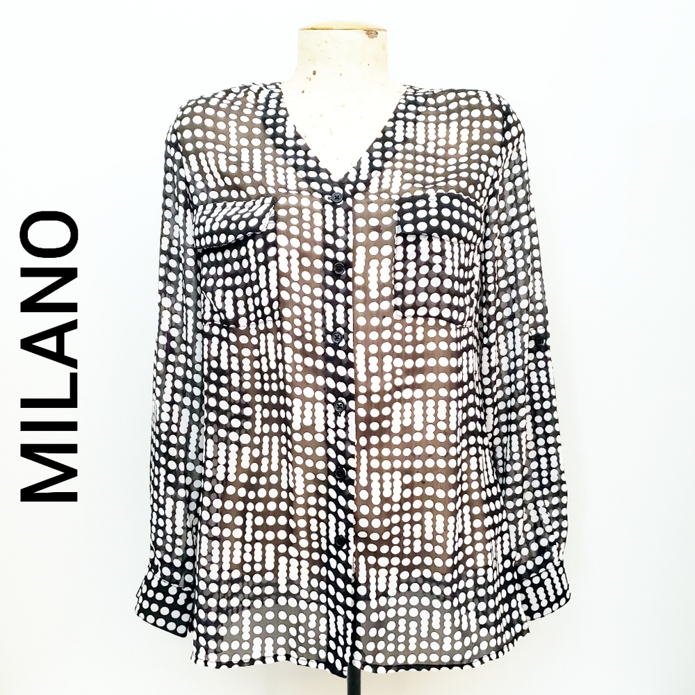 Milano Long Sleeve Dotted Black and White Size Small NWT Sheer Blouse